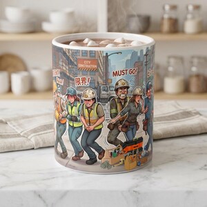 May include: A white ceramic mug featuring a colorful cartoon illustration of construction workers in high-visibility vests and hard hats, appearing to be in a rush. The design includes text such as CITY CONSTRUCTION, MUST GO, and Japanese characters.