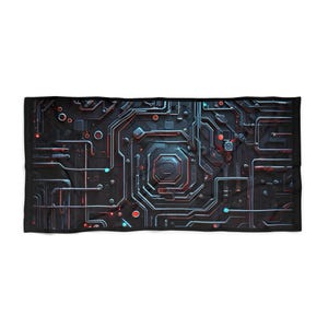 May include: A rectangular towel featuring a dark, intricate circuit board pattern. The design displays complex metallic pathways in shades of black and gray, accented by glowing cyan and orange circular nodes and linear traces across the surface.