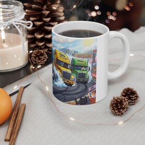 Meow Speed Drifting Cat Truck Convoy White Ceramic Mug | Beautiful Big Rig Bobtail Semis Ripping Tracks Cup (11 oz, 15 oz) image 9