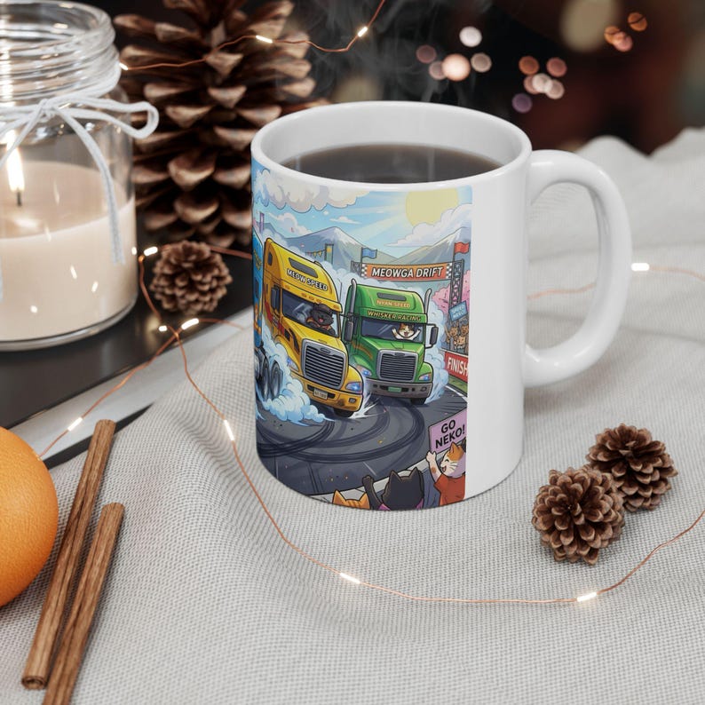 Meow Speed Drifting Cat Truck Convoy White Ceramic Mug | Beautiful Big Rig Bobtail Semis Ripping Tracks Cup (11 oz, 15 oz) image 9