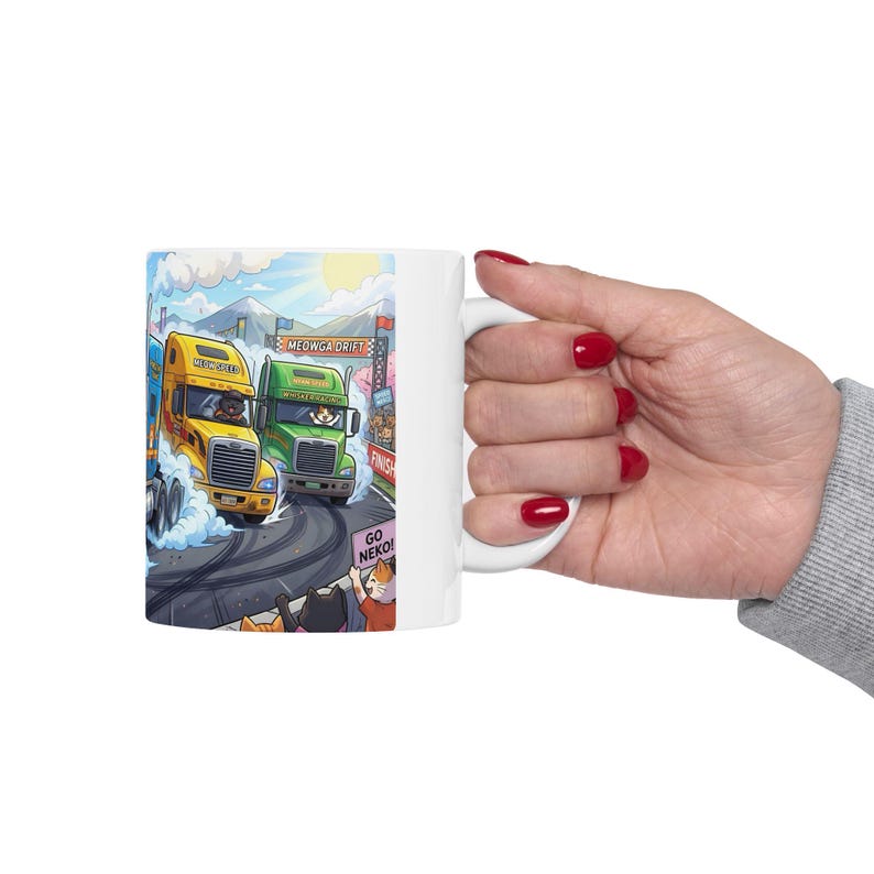 Meow Speed Drifting Cat Truck Convoy White Ceramic Mug | Beautiful Big Rig Bobtail Semis Ripping Tracks Cup (11 oz, 15 oz) image 18