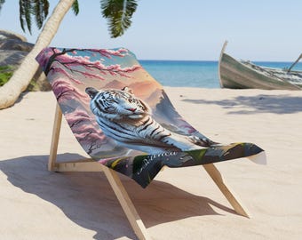 Fantasie strandlaken witte tijger - gepersonaliseerd tijgerontwerp, kersenbloesemlandschap, vakantiehanddoek, zomerhanddoek, cadeau voor natuurliefhebbers