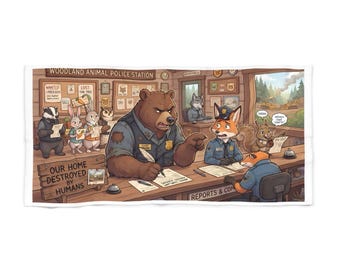 May include: A rectangular towel featuring a cartoon illustration of a woodland animal police station. A brown bear officer sits at a desk with other animals including a fox, badger, and squirrel. Text reads Woodland Animal Police Station and Our Home Destroyed By Humans.
