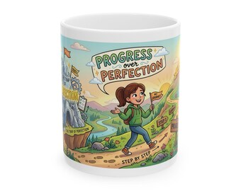 Progress Over Perfection Step By Step White Ceramic Mug (11 oz, 15 oz) | The Trap of Perfection Cup