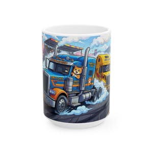 Meow Speed Drifting Cat Truck Convoy White Ceramic Mug | Beautiful Big Rig Bobtail Semis Ripping Tracks Cup (11 oz, 15 oz) image 4