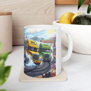 Meow Speed Drifting Cat Truck Convoy White Ceramic Mug | Beautiful Big Rig Bobtail Semis Ripping Tracks Cup (11 oz, 15 oz) image 13