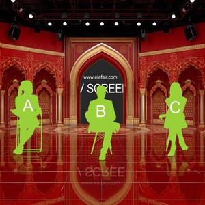 May include: A red and gold ornate interior with three green silhouettes representing people. The background features arches, columns, and a stage with the text "www.elefair.com / SCREEN". The floor reflects the scene.