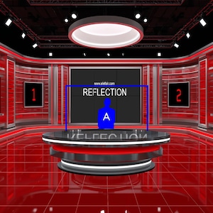 May include: A modern, red and black studio set with a central desk and a large screen displaying the word "REFLECTION". The set includes lighting and numbered displays, creating a professional broadcast environment.