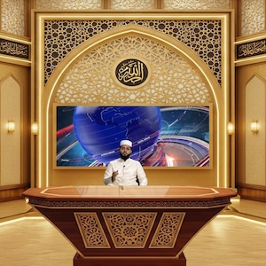 May include: An ornate, gold-toned interior with intricate geometric patterns and Arabic calligraphy. A man in white attire stands behind a dark brown desk. A large screen displays a globe and news graphics. The room has arched doorways and decorative lighting.