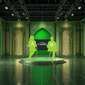 May include: A green-themed studio set with ornate architectural details. The walls feature intricate patterns and arched windows with gold accents. A central stage area has a green screen labeled "TV SCREEN" with silhouettes of two figures.