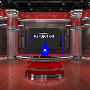 May include: A modern television studio set with red and brown accents. The set features a desk with the word "REFLECTION" on the backdrop, a digital timer displaying the number "2", and a graphic of a person labeled "A".