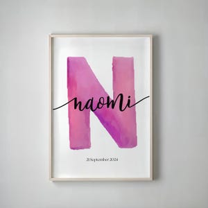 Arte con nombre personalizado - Impresión de acuarela con inicial y nombre / Arte mural personalizado con nombre de bebé / Decoración para habitación de niño / Descarga digital