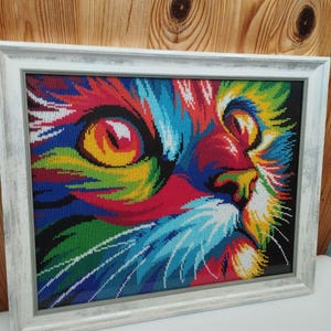 Vibrant Bead Art Cat Portrait – Colorful Handmade Framed Beadwork