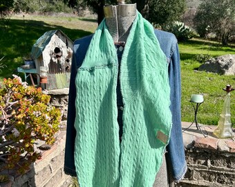 Green cable cashmere sweater scarf with pale green crocheted trim