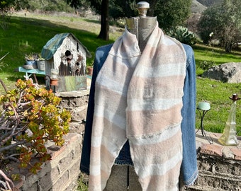 Striped cashmere sweater scarf in pale colors with multicolored trim