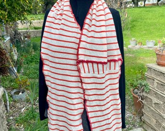 Red and white striped cashmere scarf with red crocheted trim