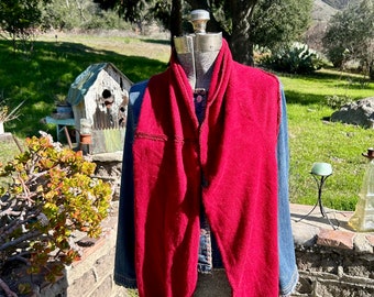 Cranberry red cashmere sweater scarf with multicolored red  crocheted trim