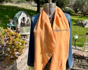 Pumpkin cashmere sweater scarf with multicolored crocheted trim