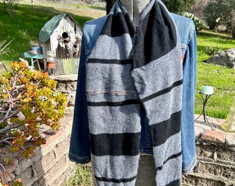 Black and gray striped cashmere sweater scarf with gray crocheted trim