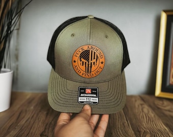 F*ck Around Find Out Adjustable Trucker Hat - FAFO Baseball Cap - Genuine Leather - Unique Gift for Him