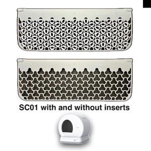 May include: Two white plastic inserts for a cat litter box, one with a circular pattern and one with a triangular pattern. The text "SC01 with and without inserts" is below the inserts. A white automatic self-cleaning cat litter box is shown below the text.