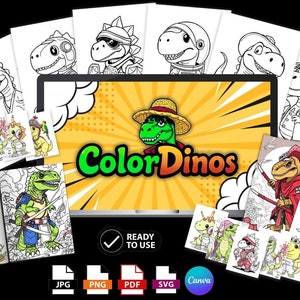May include: A set of 10 printable coloring pages featuring cute dinosaurs in various outfits and poses. The pages are ready to use and can be printed in JPG, PNG, PDF, or SVG format. The image also includes the text "Color Dinos".