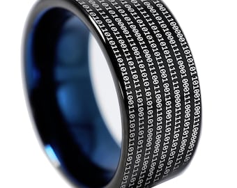 Ring binair systeem, trouwring digitale code, ring hexadecimale code, ring met cijfersysteem sieraden, gegraveerde symboolring, gegraveerde wolfraamring