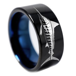 Sailfish Ring, Swordfish Wedding Band, Marlin Barracuda Ring, Sreamfish Jewelry   Engraved Fish Ring, Engraved Tungsten Ring