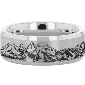 Grand Teton National Park Ring, Herren Wolfram Ehering, Pine Wilderness Preserve Schmuck, Alpine Landschaft Silber Wolframring 8 mm