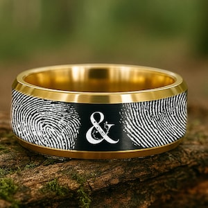 Couple&#39;s Actual Fingerprint Wedding Band, Real Fingerprint Ring,  Thumbprint Ring, Fingerprint Impression Ring FREE TEXT ENGRAVING 8mm
