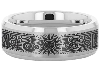 Mayan Aztec Sun Ring, Sun God Wedding Band, Inca Sun Ring, Huitzilopochtli Aztec Warrior Culture Quetzalcoatl Sun Symbol Ring 8mm