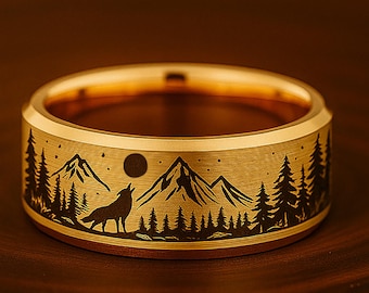 Wolf Engraved Wedding Band, Wolf In Night Ring, Wolf Animal Landscape Ring, Wolves Wolf and Moon Mountain Scene, Nature Scene Jewelry 8mm
