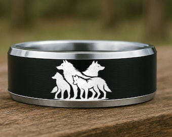 Unique Wolf Pack Wedding Band, Rare Wolf Ring, Engraved Wolf Symbol Ring, Pack of Wolves Tungsten Ring, Wolves Nature Forest Jewelry 8mm
