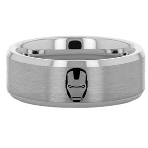 Super Hero Wedding Band, Iron Engraved Ring, Hero Engraved Symbol Ring, Helmet Laser Engraved Tungsten Ring