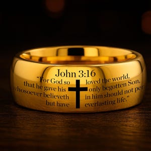 May include: A gold-colored ring with the text "John 3:16" and a cross engraved on the surface. The ring has a polished finish and is set against a dark background. The ring is a religious item.
