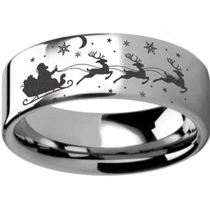 Santa&#39;s Sleigh Ring, Sleigh Ring, Christmas Ring, Santa Reindeer Jewelry, Christmas Eve Promise Ring, Tungsten Ring Anniversary Gift Men 8mm
