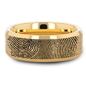 Engraved Fingerprint Gold Wedding Band, Yellow Gold Engagement Ring, Real Fingerprint Ring, Custom Print Ring FREE TEXT ENGRAVING 8mm