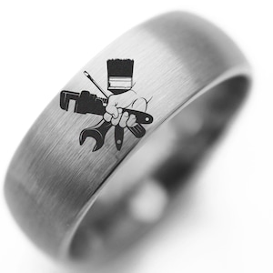 Handyman Ring, Construction Silver Ring, Wrench Tools Engraved Welder Ring, Painter Mechanic Tungsten Blue Collar Unique Ring