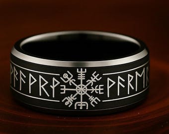 Vikingsymbool trouwring, gegraveerde Noorse schriftring, Keltische ring, Futhark Runenring, unieke oude Viking wolfraamring 8 mm