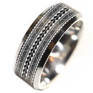 Maori Tribal Print Wedding Ring, Engraved Pacific Islander Ring, Ancestral Polynesian Ring, Samoan Jewelry, Iwi Hawaiian Ring