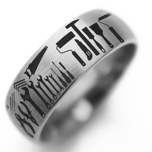 Handyman Ring, Construction Silver Ring, Wrench Tools Engraved Welder Ring, Painter Mechanic Tungsten Blue Collar Unique Ring