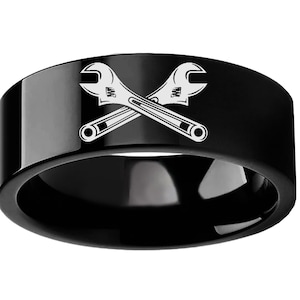 Handyman Ring, Construction Silver Ring, Wrench Tools Engraved Welder Ring, Painter Mechanic Tungsten Blue Collar Unique Ring