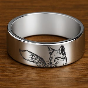 Engraved Fox Ring, Fox Ring, Fox Wedding Band, Running Fox Jewelry, Custom Fox Ring, Fox Head Wedding Ring, Wild Animal Tungsten Ring 8mm