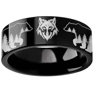 Unique Bear and Wolf Wedding Band, Rare Wolf Ring, Engraved Wolf Symbol Ring, Tungsten Ring, Wilderness Wolf Nature Forest Jewelry 8mm