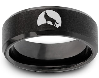 Lone Wolf Black Wedding Band, Rare Wolf Ring, Engraved Wolf Symbol Ring, Tungsten Ring, Wolves Wolf Moon Nature Forest Jewelry 8mm