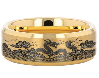Engraved Dragon Ring, Chinese Dragon Clouds Wedding Band, Mythical Dragon Spirit Ring, Clouds of Fortune Engagement Ring 8mm