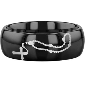 Religious Wedding Band, Rosary Beads Prayer Band, Holy Mary Mother of God Ring, Catholic Devotion Prayer of Petition Ring, Tungsten Ring
