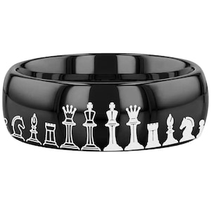 Chess Game Wedding Band, Domed Black Ring, Board Game Engraved Ring, Laser Engraved  Checkers Pawn King Hook Knight Bishop Tungsten Ring