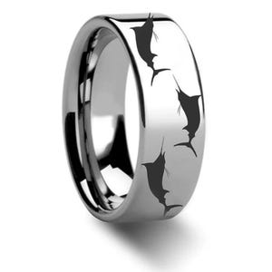 Marlin Fish Wedding Band, Sailfish Ring, Engraved Fish Symbol Ring, Tungsten Ring, Garfish Kingfish Engagement Ring Jewelry 8mm