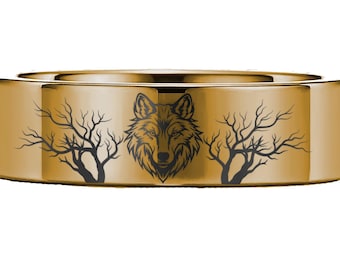 Unique Branches Wolf Wedding Band, Rare Wolf Ring, Engraved Wolf Symbol Ring, Tungsten Ring, Wolves Wolf Nature Forest Jewelry 8mm